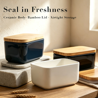 Conteneur de stockage alimentaire en céramique de 350 ml avec couvercle en bambou naturel, réutilisable, hermétique, boîte de rangement pour la cuisine, boîte organisatrice pour le beurre et le fromage