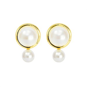 Pendientes de Oro E2394 con Perla Cultivada Blanca en Engaste de Bisel, Joyería Clásica para Mujer, Uso Diario - Product Image 1