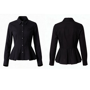 Chemisier noir à volants boutonné pour femme, manches longues, col classique, coupe ajustée, idéal pour le bureau - Product Image 3