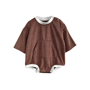 High Quality Romper Baby Clothes Terry Cloth Baby Middle Sleeve Romper Contrast Trim Chest Pocket Toddler <strong>Onesie</strong> for 0-3T - Product Image 2