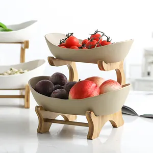 2 Tier Bamboo Wood Fruit Basket Holder Porcelain Fruit Bowl Fruit Ceramic Dish Table Decoration