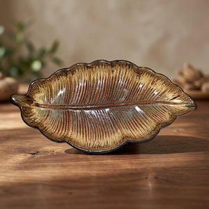 Ceramic Leaf Serving Dish Handmade Bohemian Design Round 300mm Diameter Brown Glaze Table Decoration - Product Image 1