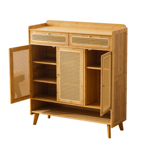 Nordic Style Rattan <b>Shoe</b> Cabinet With Drawers Natural Wood Color Large Capacity Entryway <b>Storage</b> Shelf For Living Room Entrance - Product Image 5