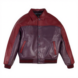 <b>Men's</b> <b>Red</b> And Purple Color Blocking Genuine <b>Leather</b> Bomber <b>Jacket</b> Turn-down Collar Single Breasted Casual Autumn Outerwear - Product Image 1