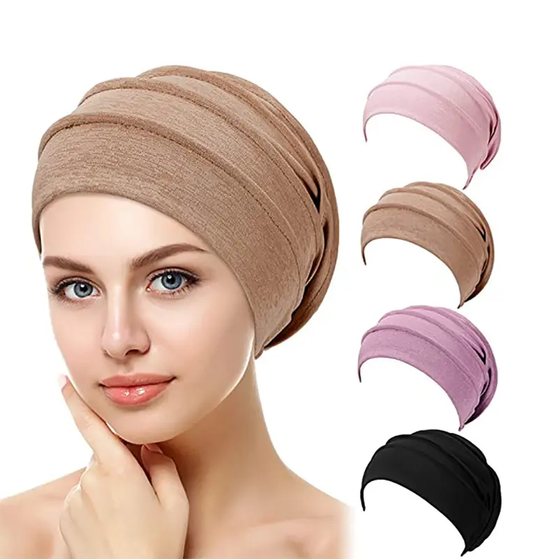 Gorros de turbante plisados elásticos de color liso de algodón de nuevo estilo de alta calidad, gorro cómodo para pañuelo de cabeza para mujer y Niña