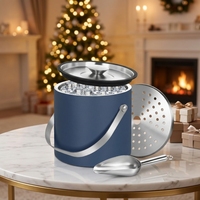 Seau à glace en acier inoxydable 3L avec anneau d'étanchéité en silicone, isolation sous vide à double paroi, couche filtrante, pince à glace et cuillère (Bleu marine)
