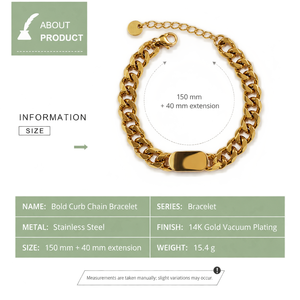 Pulsera de cadena tipo Curb, acero inoxidable chapado en oro de 14K al vacío, eslabones anchos pulidos, color dorado - Product Image 3