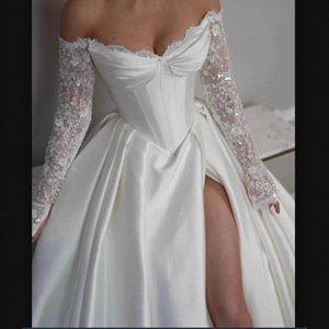 NDB11037 Abito da Sposa in Raso, Vestito Nuziale con Spalle Scoperte e Maniche Lunghe, Elegante Stile Francese per la Sposa - Product Image 3