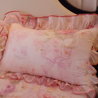 Ensemble de jupe de lit en coton rose doux avec dentelle florale fraise et volants, couvre-lit avec passepoil rouge, ensemble de literie 3 pièces