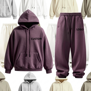 8055 High Quality Plain Unisex Oversized Fleece Hoodie <b>Set</b> Drop Shoulder Pullover Sweatshirt Jogger Pants 2 Piece Sweatsuits - Product Image 1