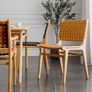 Sedia da pranzo in pelle intrecciata con cinturino per mobili da ristorante Dinette da cucina per stilista danese