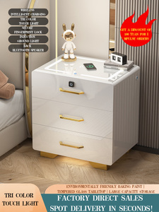 Wicker kaca pintar abu-abu kayu isi ulang 2 furnitur kabinet samping tempat tidur panjang dengan pengisi daya nirkabel - Product Image 2