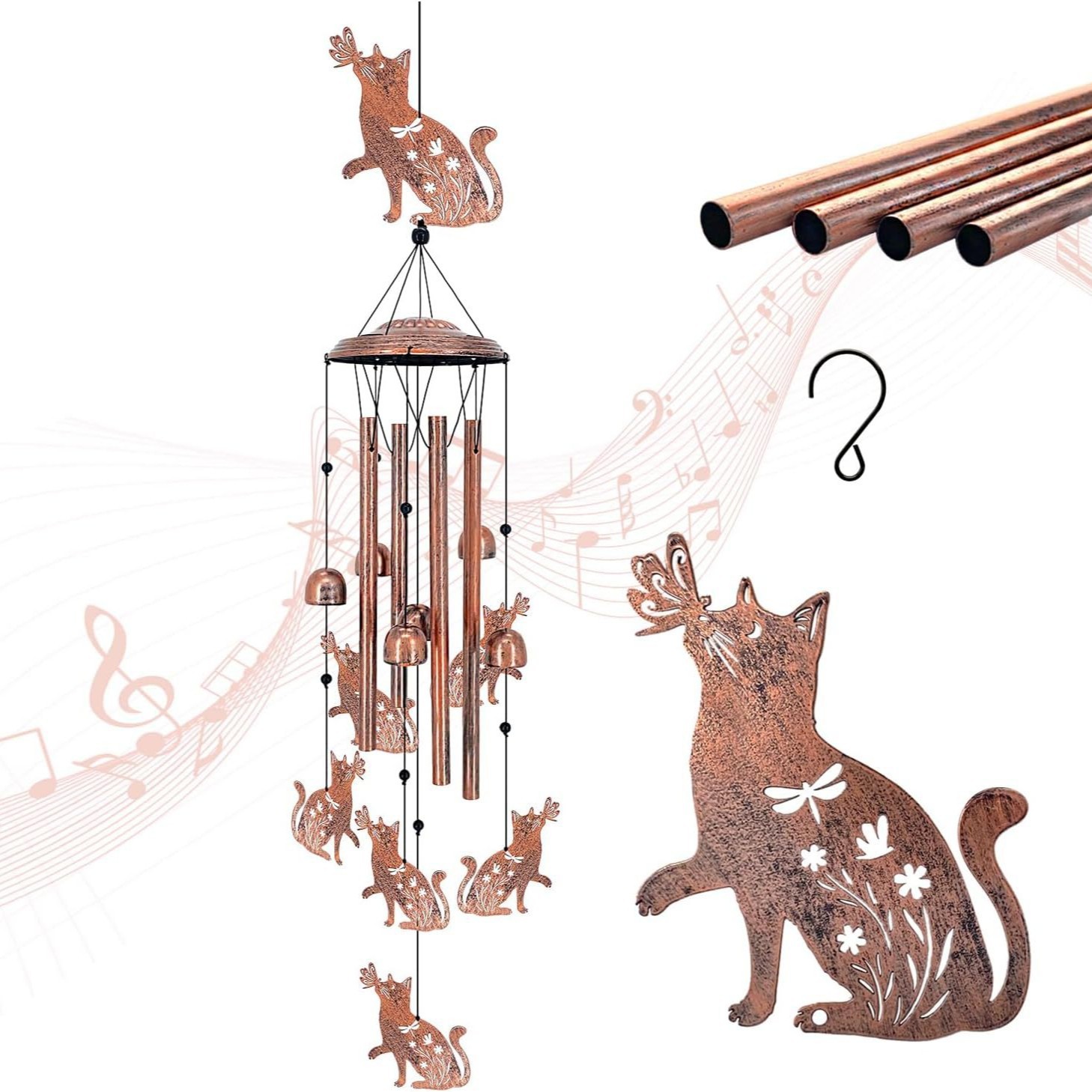 34 inch wrought iron wind chimes-cat