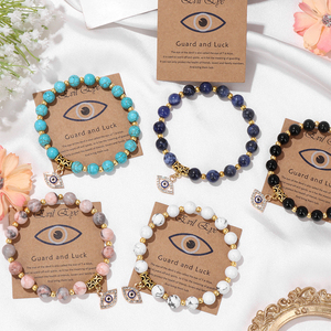 Bracelet unisexe tendance avec pendentif œil en perles ovales de pierres naturelles mélangées de 8 mm, idéal pour les cadeaux, personnalisable avec carte en papier kraft pour petites entreprises. - Product Image 1