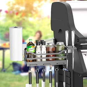 Wall Mounted Storage Basket Black Hanging <b>Kitchen</b> Shelf For <b>Spices</b> And Utensils With Knife <b>Rack</b> And Paper Towel Holder - Product Image 2