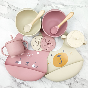 Baby Silicone Feeding Set Tableware Kit Bebe <b>Dining</b> Kit Print Pattern Bib Design Babero Bowl and Spoon With Straw Cup - Product Image 1