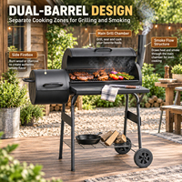 Barbecue portable en acier inoxydable à double étage avec fumoir et rôtissoire, chariot à charbon de bois à double compartiment de cuisson pour fêtes