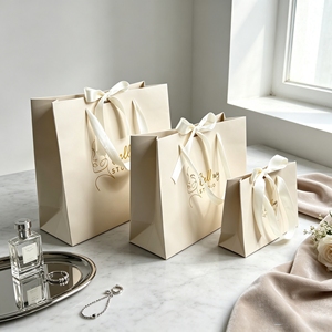 Custom Nude Peach Paper Gift Bags Gold Foil Hot Stamping Logo With Satin <b>Ribbon</b> Bow Handle Clothing <b>Wedding</b> Packaging - Product Image 5