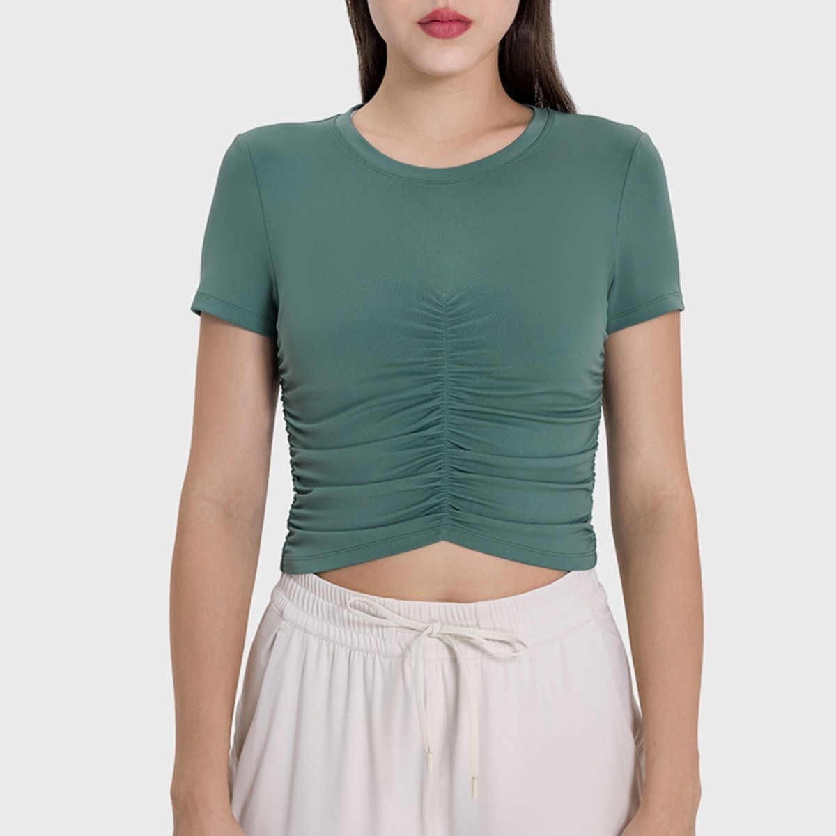 New Arrival Round Neck Pleated Slim Fit Yoga Dress Top Women Fashion Versatile Sports Shortsleeve T-shirt