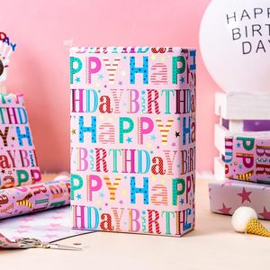 Pink Birthday Wrapping Paper Roll 17in x 16.5ft Double Sided Colorful Letters Stars Reversible Gift <b>Wrap</b> - Product Image 2