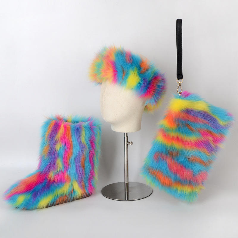 Children Kids 2022 Winter Faux Fluffy Furry Fur Snow Boots Set Women Handbag Headband Shoes Purse Bags Snow Boots 3 Pieces Sets 