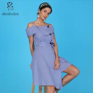 2019 Casual vestido de las mujeres de <span class=keywords><strong>la</strong></span> correa de Espagueti de una pieza a cuadros de mujeres vestido con faja - Product Image 2