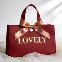 Sacs en papier personnalisés recyclables de luxe bordeaux pour cadeaux de mariage, avec nœud en satin, logo doré en feuille, impression sérigraphique, cadeaux numériques pour bougies