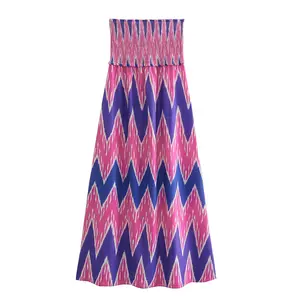 Purple and pink color strapless smocked casual fashion women summer midi dress