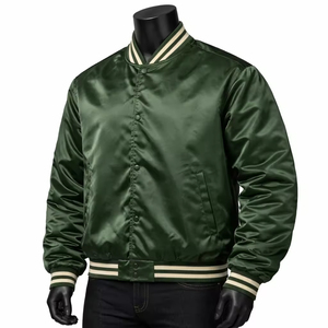 <b>Men's</b> Green Varsity <b>Jacket</b> Solid Color Polyester Casual Style Turn-down Collar Button Closure Autumn Wear Regular Fit - Product Image 3