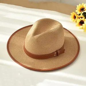 时尚夏季沙滩女士防晒遮阳板PU丝带遮阳帽经典宽边巴拿马牛仔草帽男士2022
