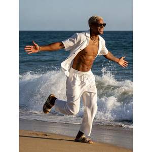 Conjunto de Playa de 2 Piezas para Hombre, Camisa Blanca de Manga Corta de Algodón y Pantalones Holgados, Estilo Casual de Verano - Product Image 6