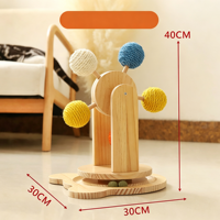Griffoir moderne pour chat en bois massif avec jouet tournant, corde de chanvre, corde de sisal et boule à griffer, pour usage intérieur, modèle Carton