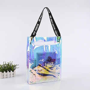 Customized PVC Durable Transparent Holographic Laser Washable Tote Bag with Long Handle Medium Size