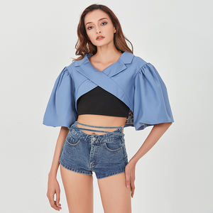 TWOTWINSTYLE <span class=keywords><strong>Blazer</strong></span> Lapelปลอกคอภายในซับพิมพ์<span class=keywords><strong>Cropped</strong></span>ผู้หญิงเซ็กซี่เสื้อพัฟแขนไม่สมมาตร - Product Image 2