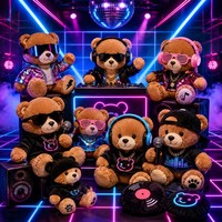 Ensemble de mascotte en peluche personnalisée, ours en peluche de groupe de rock disco, mascotte d'ours DJ hip-hop avec casque, microphone et veste holographique
