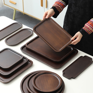 Bamboo Serving <b>Trays</b> Walnut Color Rectangular Round Multifunctional Tea <b>Snack</b> Plate Residential Use Lacquered Finish - Product Image 2