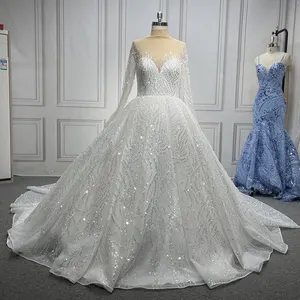KDG Luxury Noble High Neck Ivory Heavy Beading Crystal Long Sleeves Bridal Ball Gown Wedding Dresses For Women With Long Train