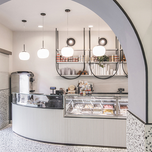 Airy Luxe Bakery & Coffee Market Stall Featuring Glass Display Case, Open Tiered Shelving, and Integrated Warm Lighting - Product Image 1