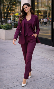 Women’s Burgundy Wine Pantsuit Elegant Three Piece Tailored Blazer Vest and Trousers <b>Set</b> Formal <b>Office</b> Wear Business Outfit - Product Image 2