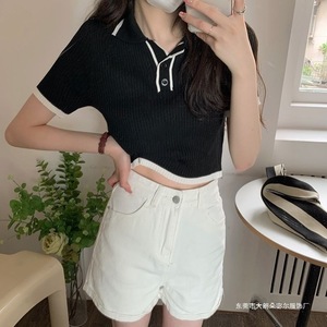 Pull décontracté d'été pour femme en viscose à col rabattu et bouton unique, respirant, anti-boulochage, à manches courtes et doux – Vente en gros - Product Image 5