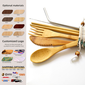 Ensemble de couverts en bambou bio réutilisables, design champêtre, compatibles lave-vaisselle, compostables, lavables, sac de voyage inclus pour les repas quotidiens - Product Image 1