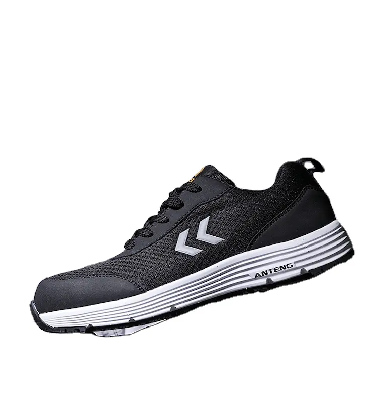 High-Stretch Safety Shoes In Black Microfiber Leather And Stretch Mesh With Anti- Smashing Plastic Toe Cap