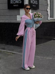 Bán Buôn Giá Logo Riêng Tùy Chỉnh Dài Tay 2Pcs Thời Trang Top + Quần Dài Chắp Vá Vải Denim Dây Kéo Phụ Nữ Quần Áo Set - Product Image 3