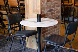 <b>White</b> Marble <b>Table</b> Top with Grey Wood Edge <b>Round</b> Design Modern Industrial Style for Restaurant Hotel & Outdoor Use - Product Image 3