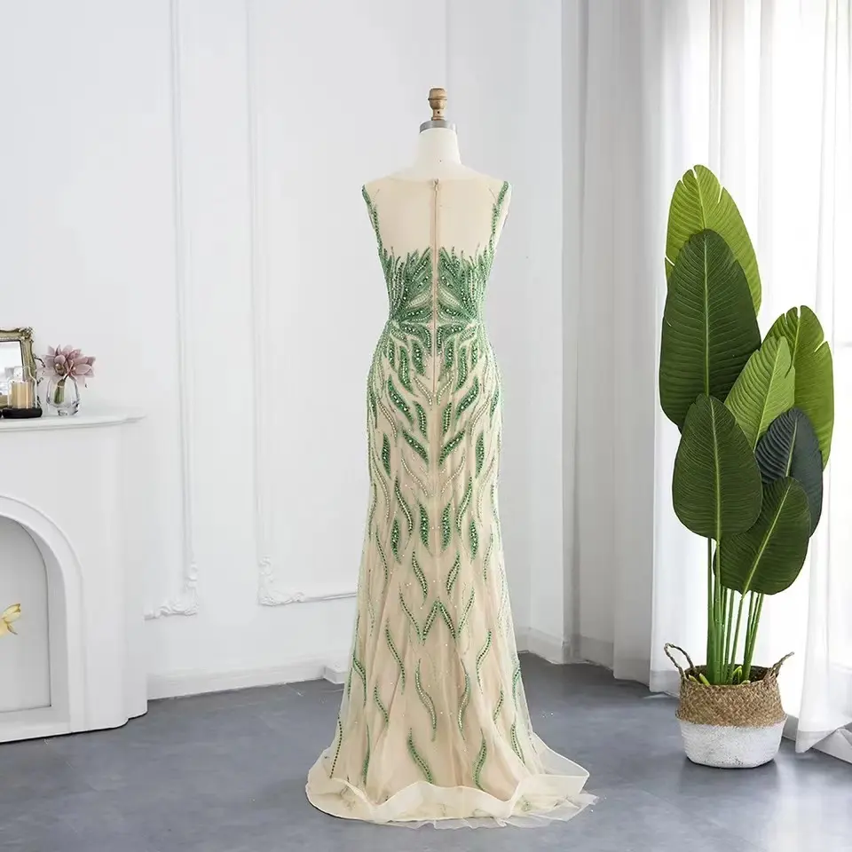 2023 Dubai Green Nude Mermaid Evening Dress Elegant Beaded Long Prom Formal Dress For Party