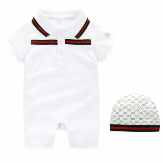 baby boy polo White color creeper 100% cotton bodysuit with rib collar and bee embroidery baby romper high quality 2 pcs and hat