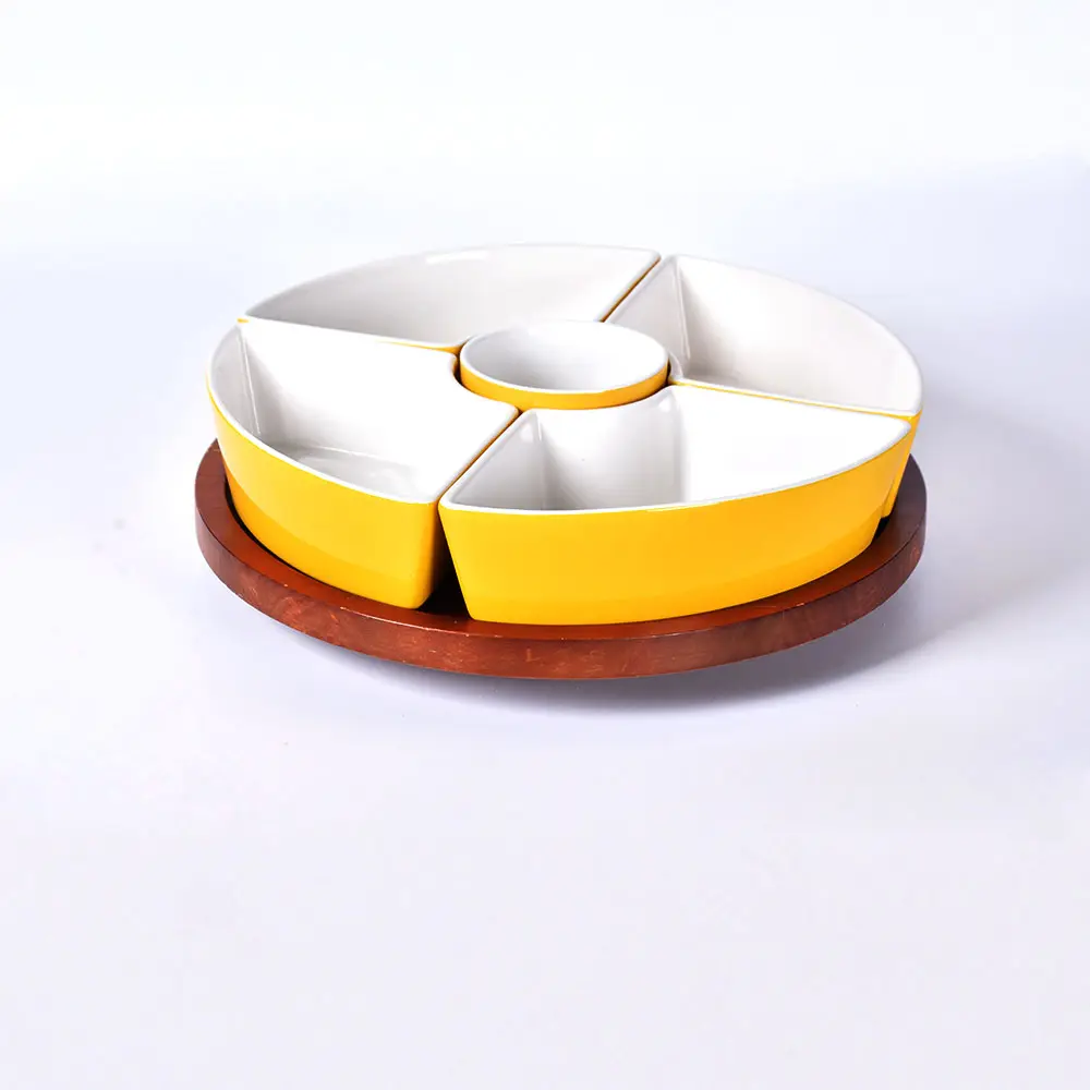 Wholesale 5 Compartment Dessert Snack Chip and Dip Server Fruit Platter Ceramic Divided serving tray