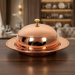 Plat de service en cuivre avec couvercle et plateau |   Plat de service rond en cuivre pour réchauffer les aliments, pour la salle à manger, la maison et la cuisine - Product Image 6