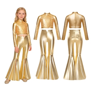 Tenue de danse pour filles de 6 à 16 ans, haut court métallisé avec pantalon pattes d'éléphant, ensembles pour spectacles sur scène, fêtes, compétitions - Product Image 3