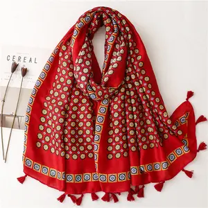 Eco friendly custom design viscose scarf red color round pattern print 100% polyester shawls and scarves luxury
